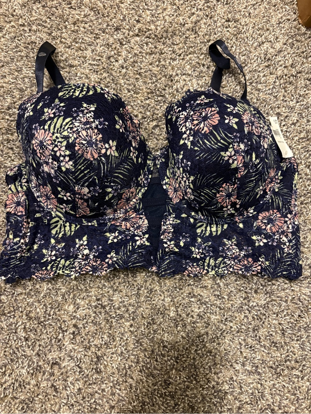 Cato Navy Floral Lace Longline Bra with Pink & Green Accents